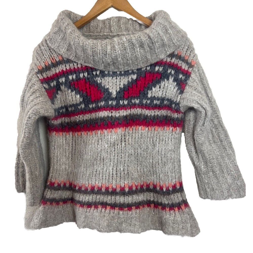 Free People Alpaca Blend Chunky Knit Sweater Aztec XS Oversized Cowl Neck‎ Soft
